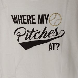 Tiff + Jen "Where My Pitches At?" White Crew Neck Graphic Tee 